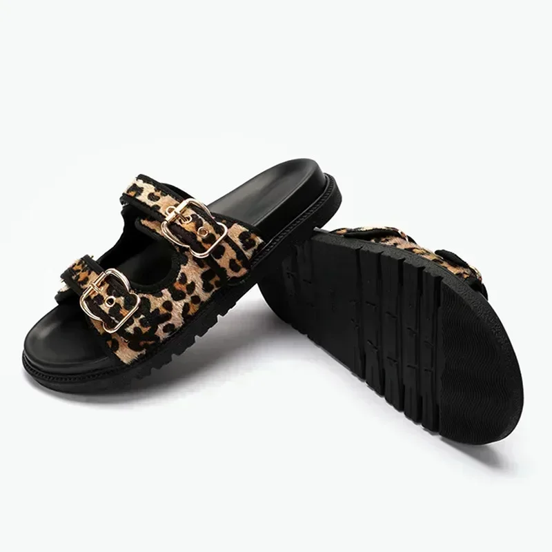 Leopard Metal Buckle Design Women Slippers Sexy Comfort Non Slip Slide Sandals Summer Size 43 High Quality Platform Flip Flops
