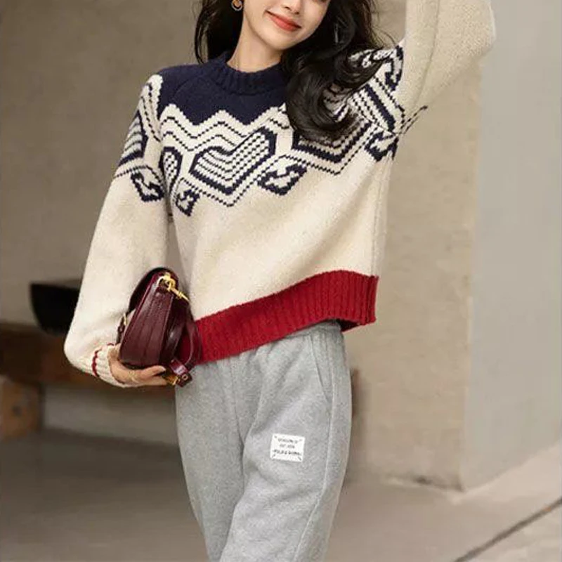 Korean Love Pattern Kawaii Sweet Chic Streetwear Knitted Sweaters Women Autumn Winter Casual Loose Long Sleeve Pullovers Jumpers