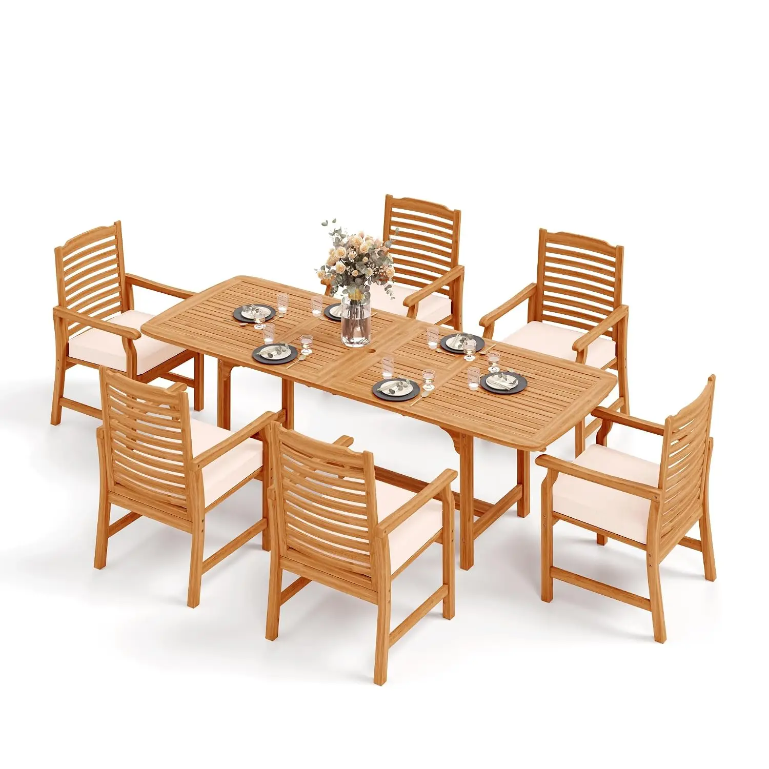 Expandable Wood Outdoor Dining Table Set 7-Piece Patio Garden Furniture, Customized