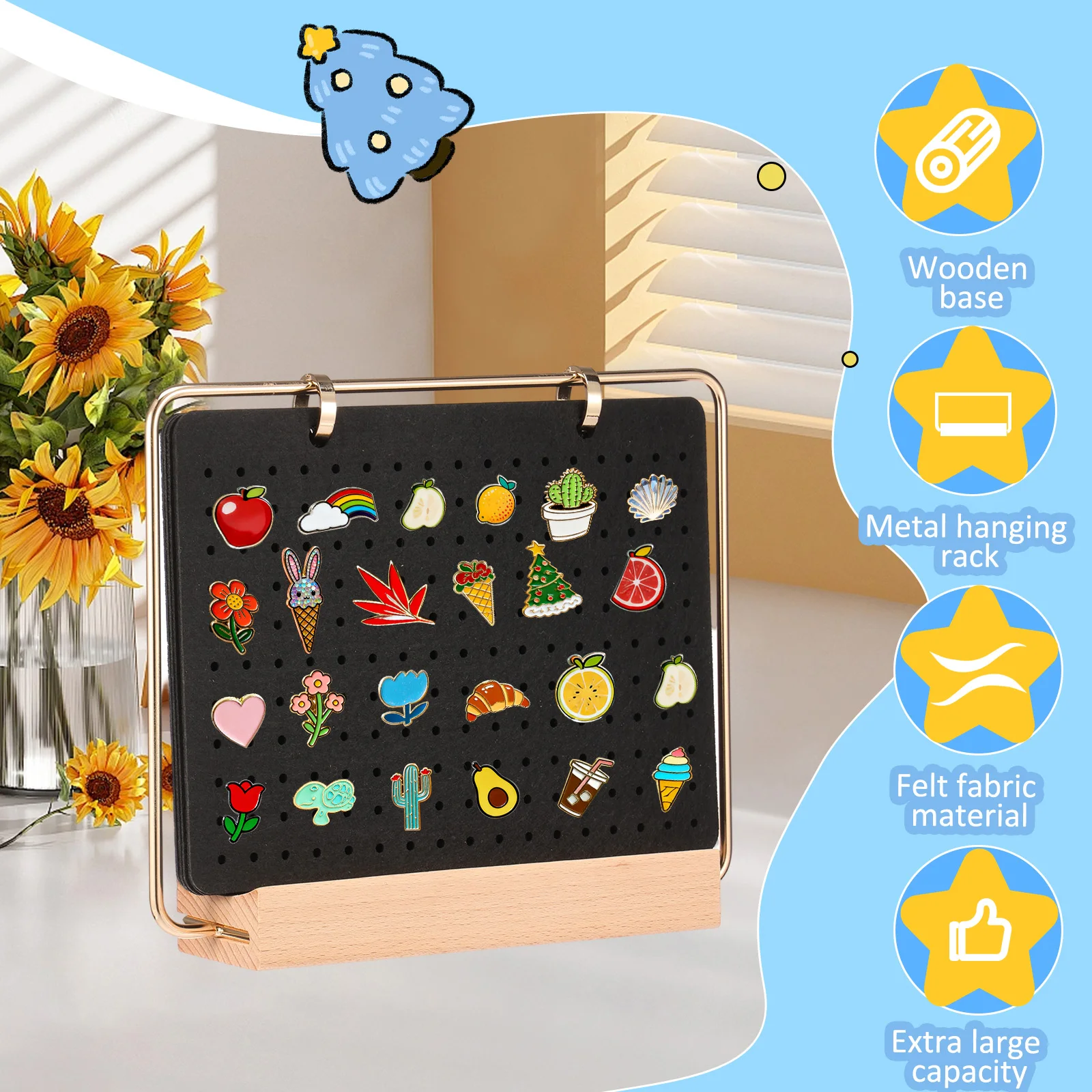 Badge Brooch Storage Rack Wooden Display Stand with 6Felt Page Earring Hair Clip   Accessory Organizer Shelf for Home Decoration view 6