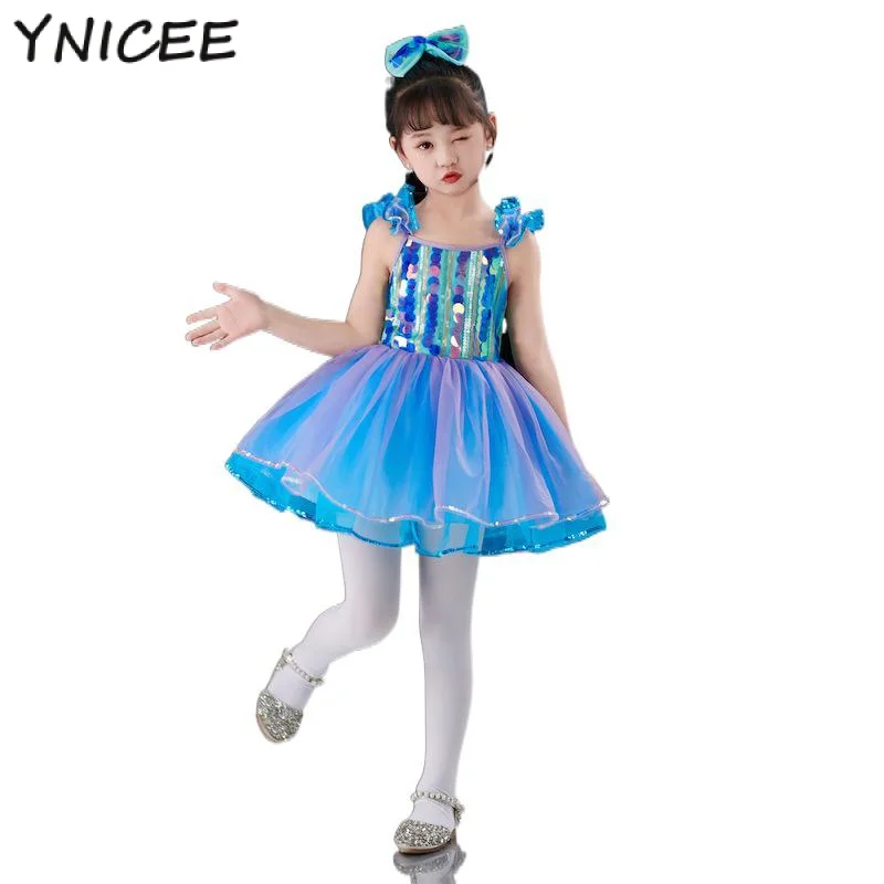 2PCs kids girls ballet dance outfits glitter sequins tutu dress with hair clip jazz hip hop ballroom stage performance costume