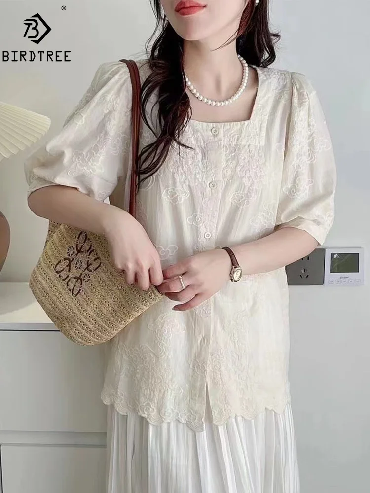 New Spring Cotton Short Sleeve Shirt Women Embroidery Square Neck Top Girl Loose Fashion Casual Blouse 2024 Summer T45941QM