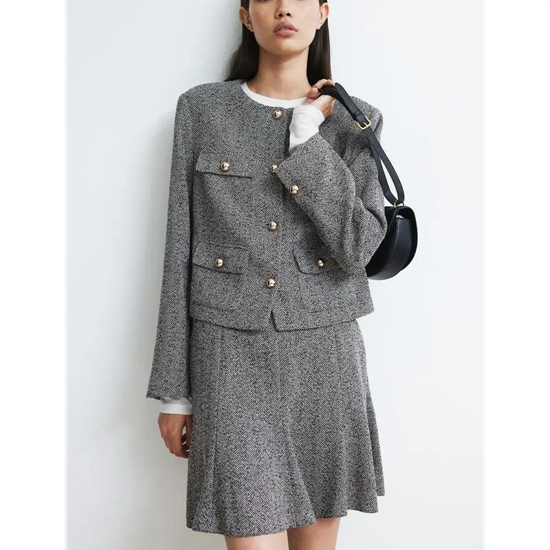 

Winter New Women's Faion round Ne Long Sve Single Button Texture Weave Jaet Commute Sle Straight Cut Polyester Fiber