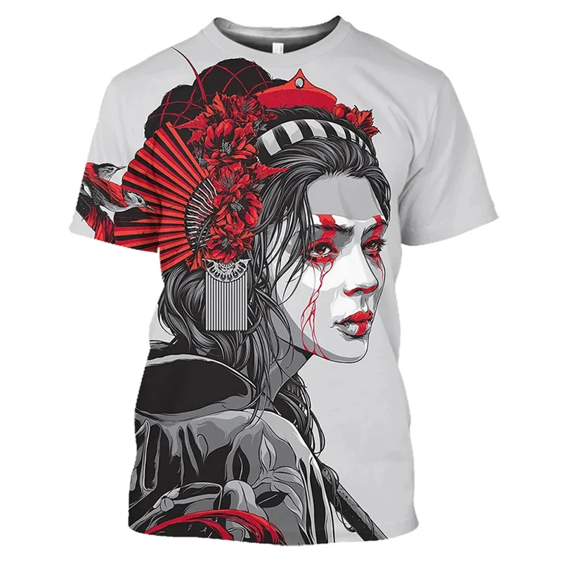 Japan Geisha Pattern T Shirt For Men Colorful 3D Printed Short Sleeve Tops Summer Street Harajuku Round Neck T-Shirts Loose Tees