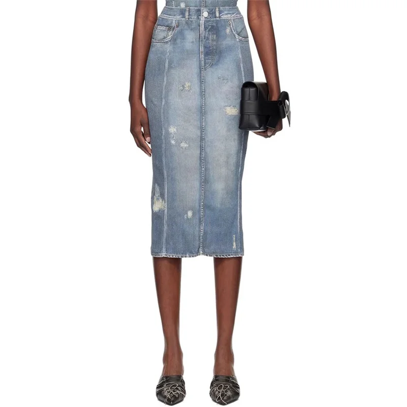 

Skirts for women New summer 2024 denim inspired printed Women's half skirt Elastic high waisted and hip wrapped skirt Long skirt