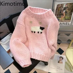 Kimotimo Cute Cartoon Print Pink Sweater Women 2025 Autumn Winter O-neck Long Sleeve Knitted Pullover Korean Fashion Short Tops