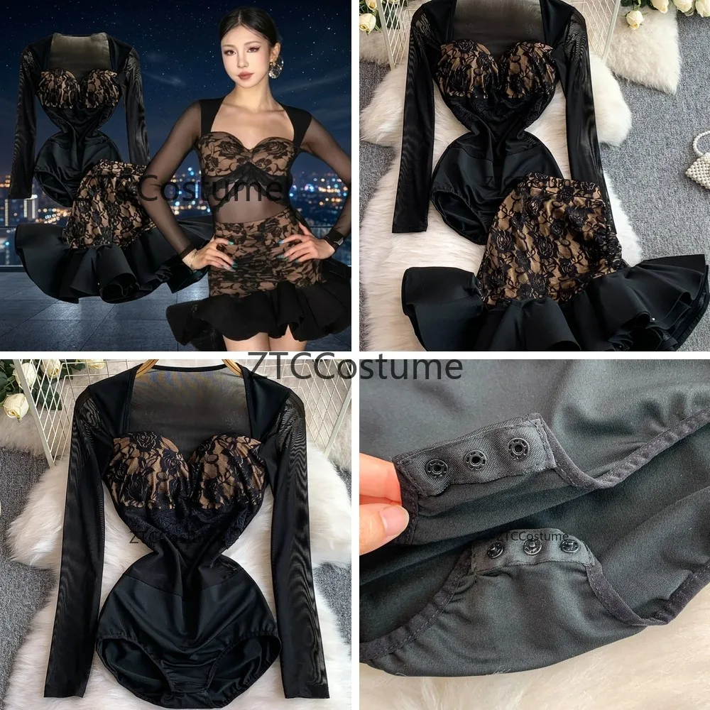 

Sexy Lace Mesh Cosplay Bodysuit with Ruffled Mermaid Skirt Women's Latin Dance Dress Salsa Cha Cha Two Piece Set