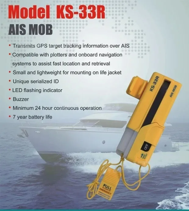 KS-33R Man Overboard AIS Beacon w/ GPS & LED Strobe, Waterproof PLB for Life Vest Marine Safety