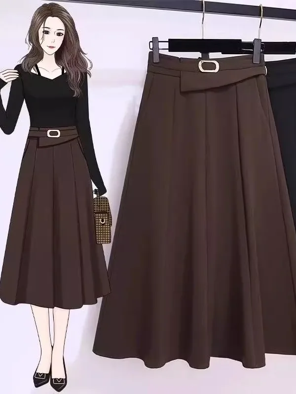 Spring Summer New High Waist A-Line Midi Skirt Fashion Pleated Elastic Waist Slimming Umbrella Skirt Korean Style Casual Wear
