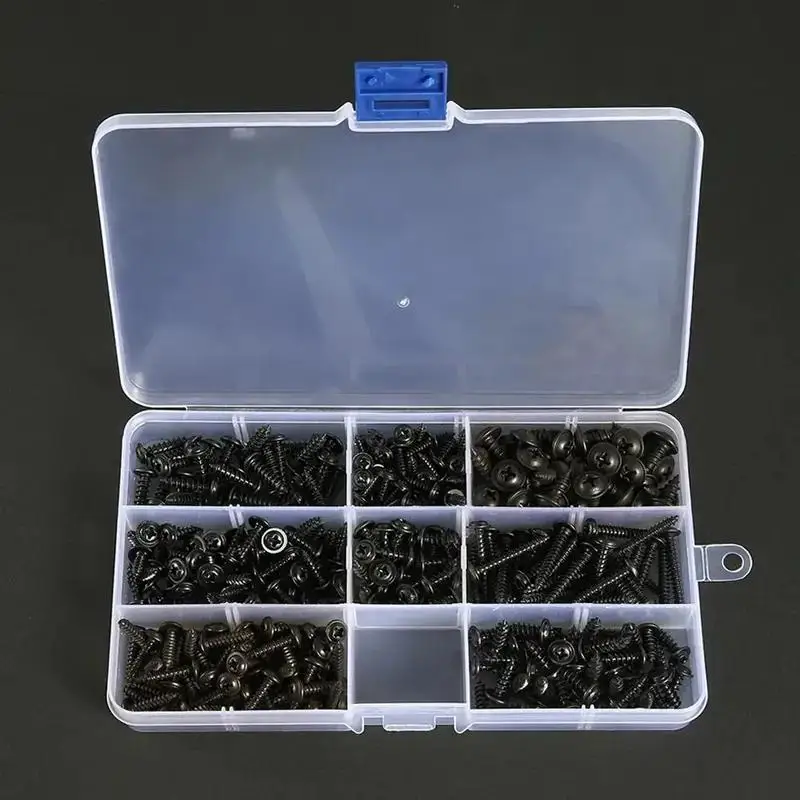 340pcs Black Self-tapping Screw Pan Head PWA Cross Round Head With Washer Cushion M3 M3.5 M4