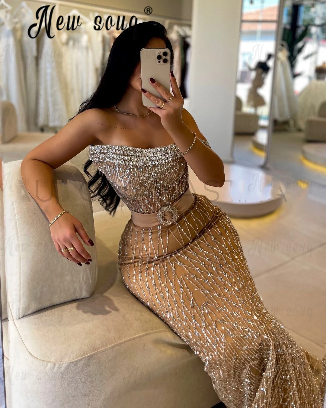 Fancy Beading Prom Dresses Rhinestones Strapless Tight Bust Wedding Party Gowns Champagne Vestidos Elegantes Para Mujeres