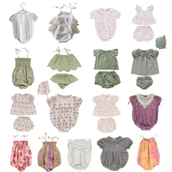 Summer bebe-organic new Children Clothes Baby Girl floral jumpsuit Plaid sets Embroidered baby Suspenders clothes Baby cap