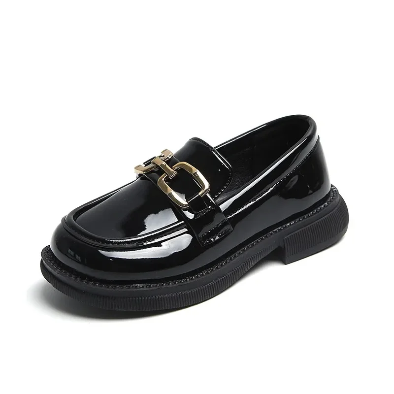 Girls Leather Shoes 2024 Spring New Kids Fashion Britain Style Casual Classic Buckle Loafers Black Glossy Breathable Slip-on