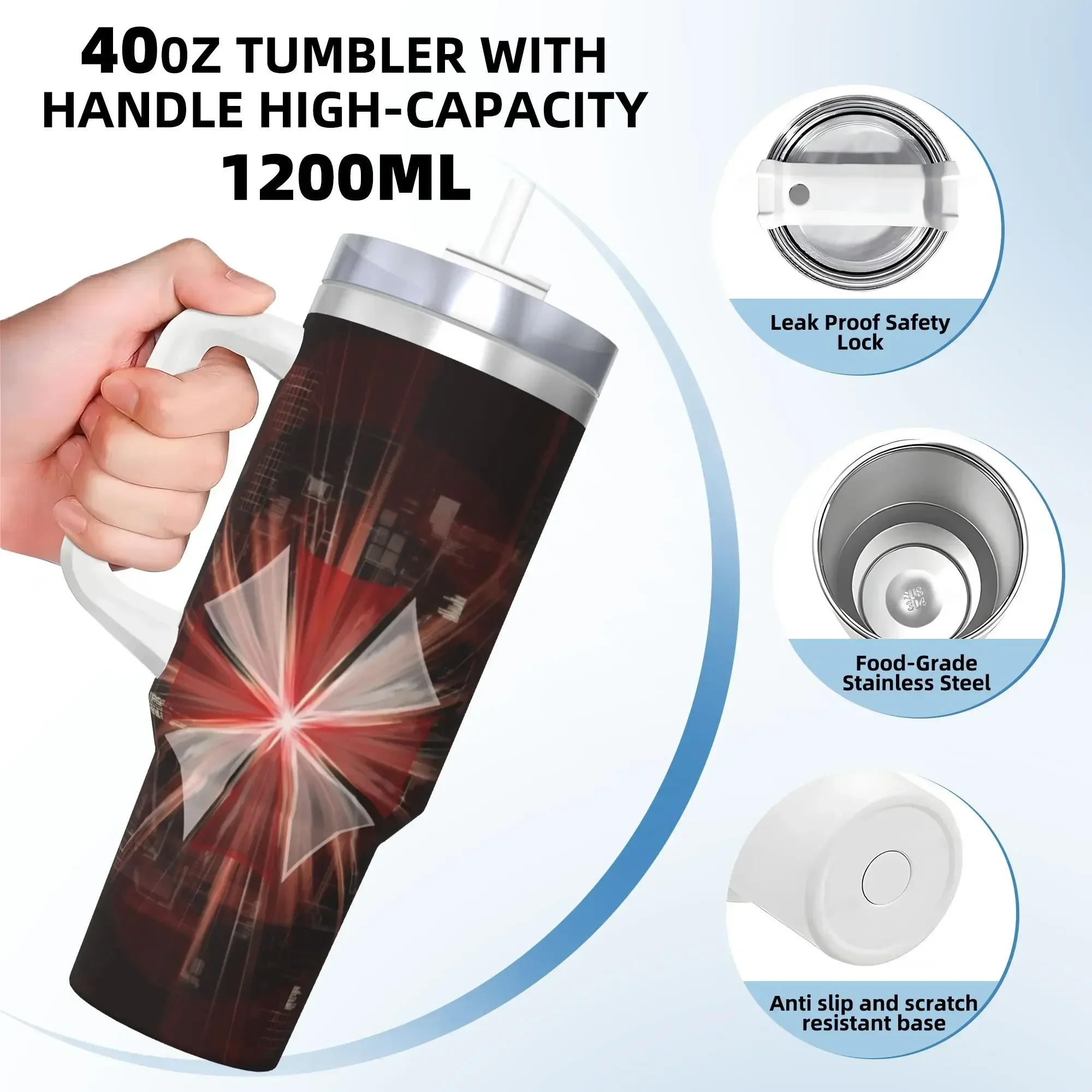 Resident Umbrella Corps Eviled RE Logo Tumbler Vacuum Insulated Thermal Cup with Lid Straw Travel Outdoor Mugs Spill Proof, 40ozorders for other colors will be shipped randomly in black or white