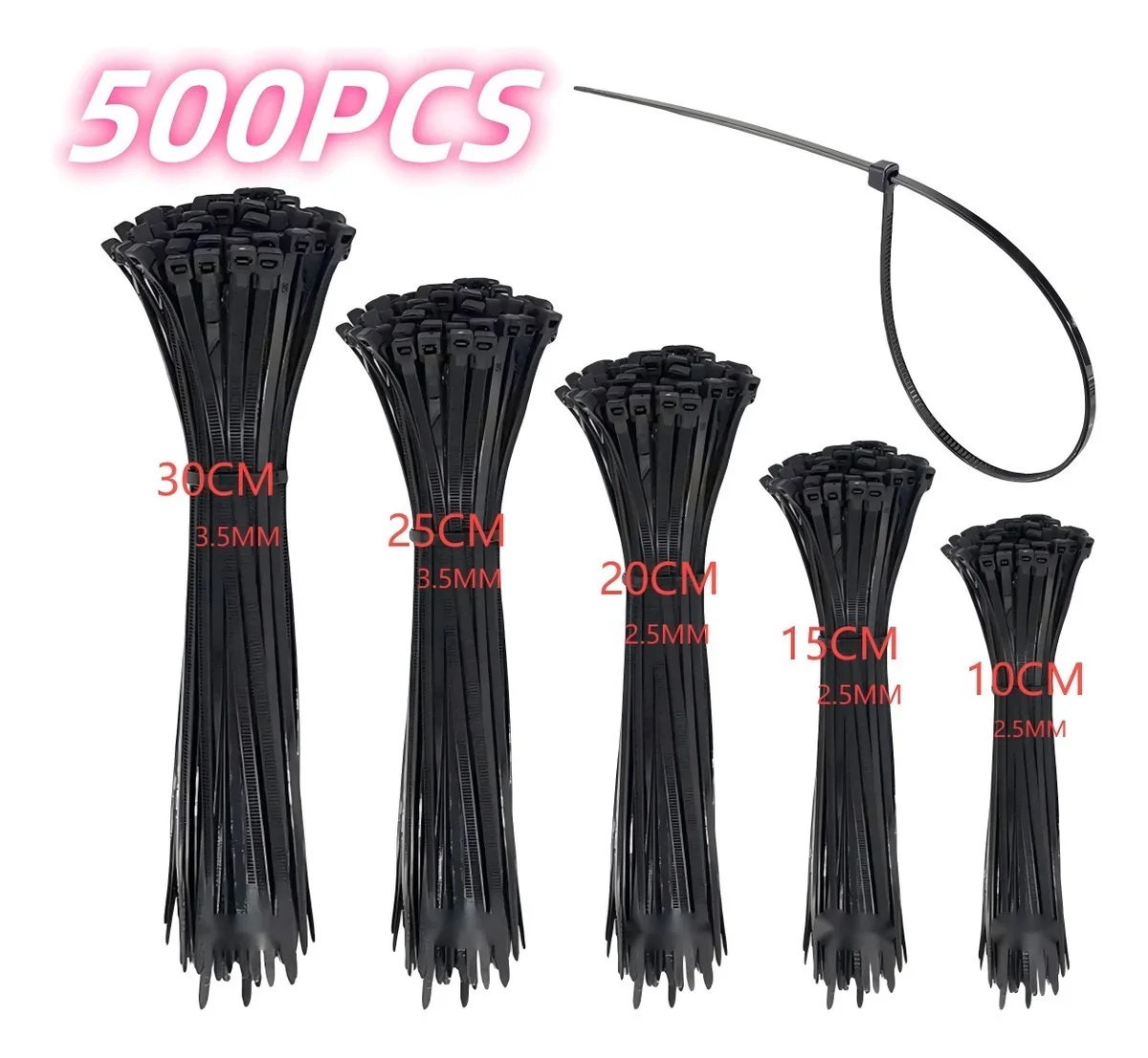 500pcs Black  White Cable Ties High Tensile Strength, Uv Resistant, Self-Locking For Home & Office Cord Management ﻿