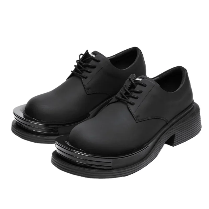 Black Cowhide Thick Soled Height Increasing Shoes For Men Sandwich Design Derby Shoes Comfortable Breathable Casual Leather Shoe