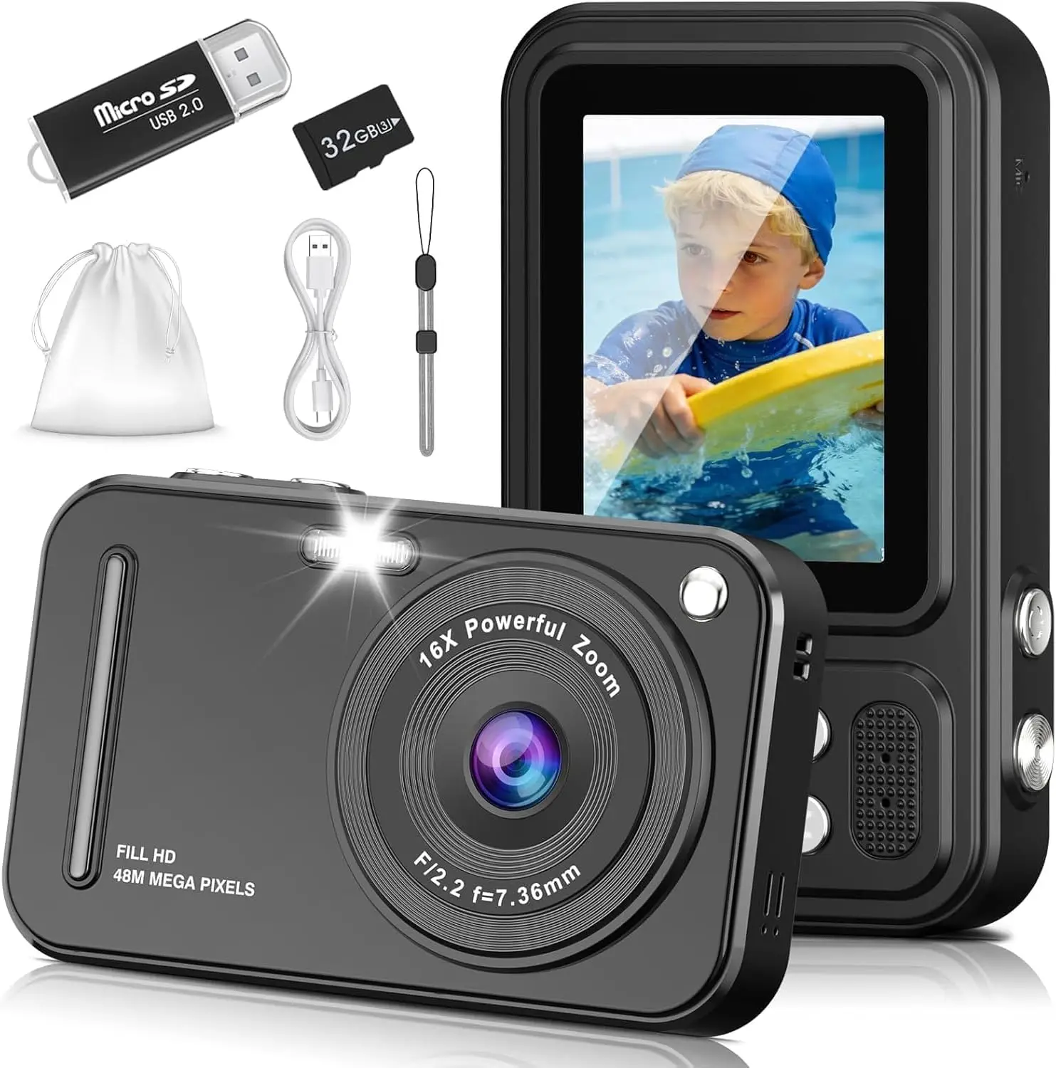 

48MP Kids Digital Camera with 16X Zoom, FHD 1080P Video, Anti-Shake & Portable Design for Beginners