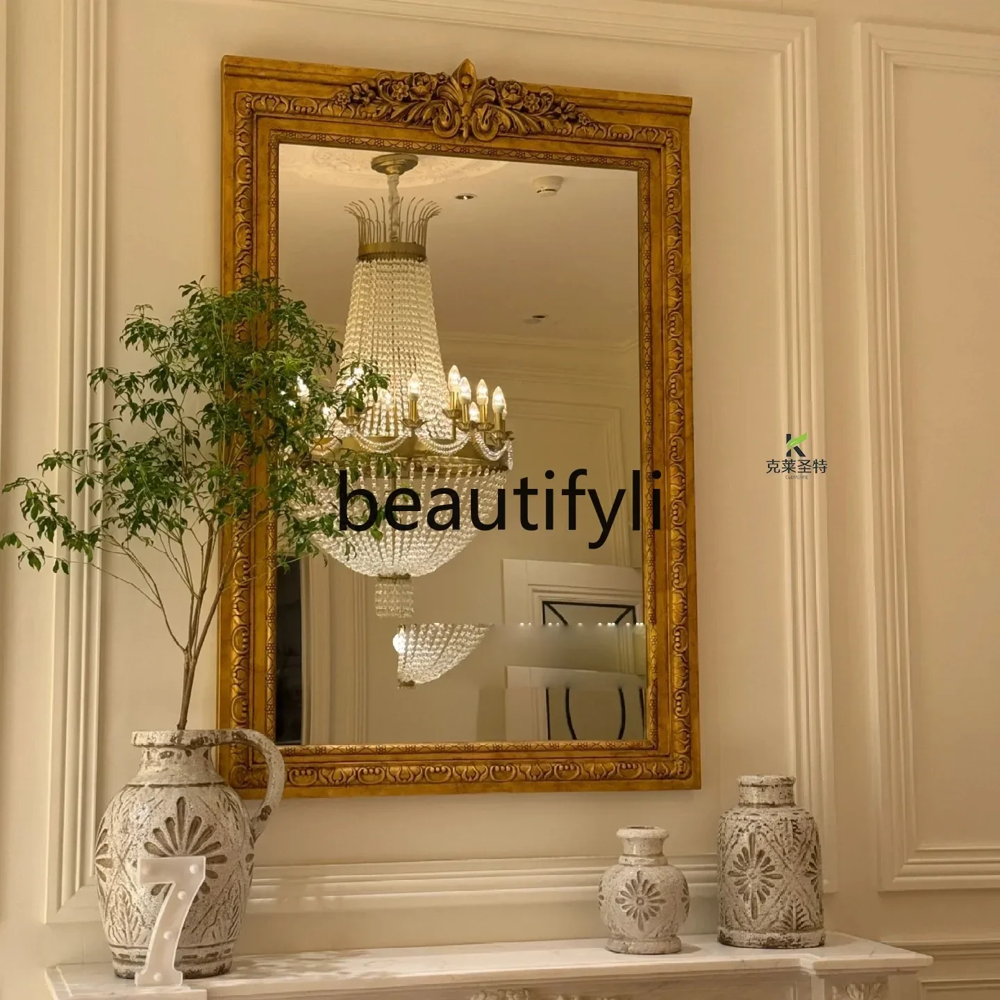 

French retro fireplace mirror European carved makeup mirror background wall wall hanging home decorative mirror2936