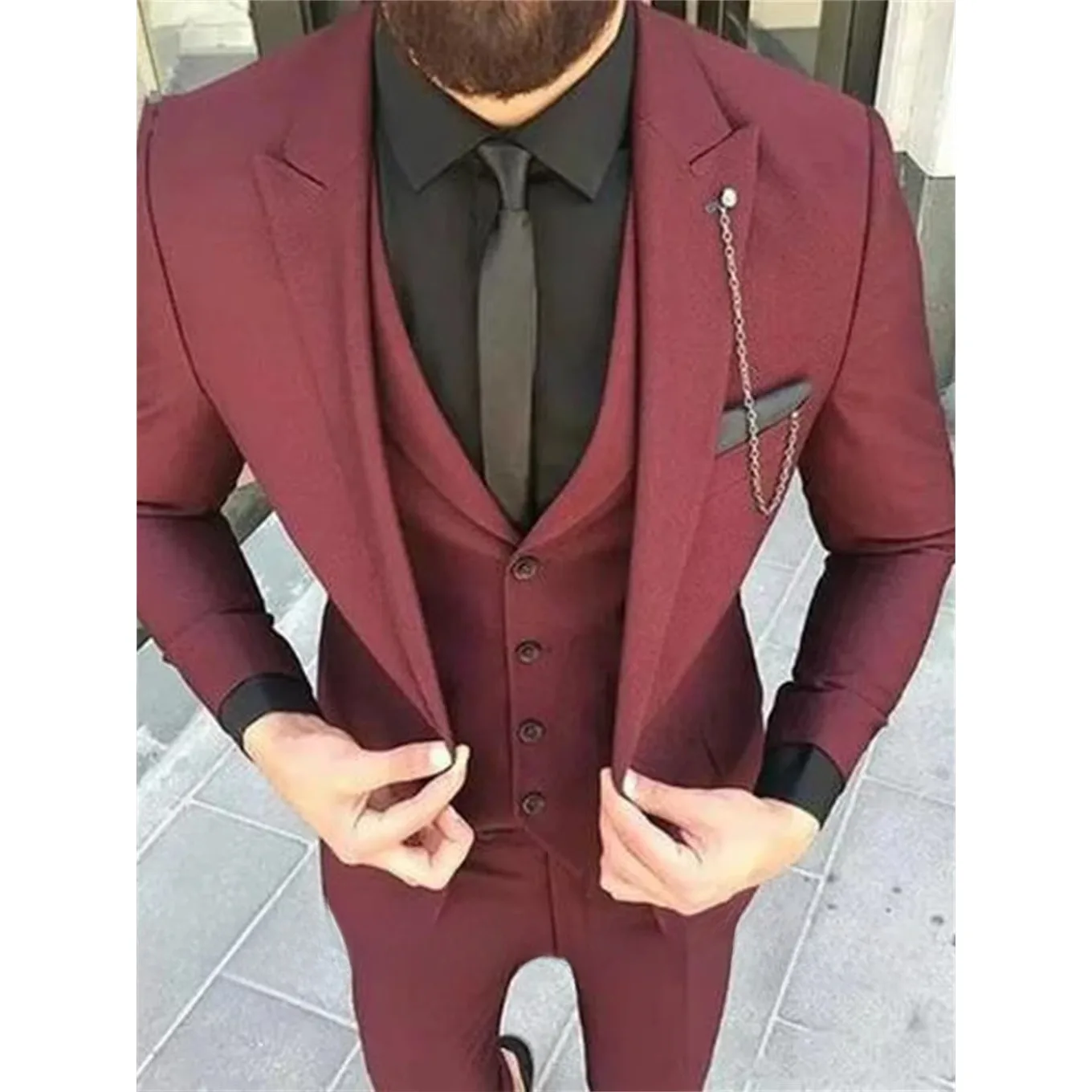 

3 Pieces Burgundy Men's Suits Slim Fit Jacket Vest Pants Peak Lapel Wedding Formal Groom Blazer Tuxedos Terno Wear Business