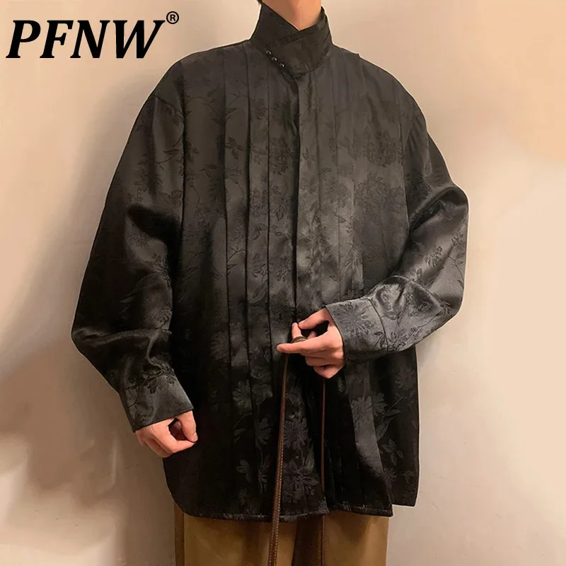 

PFNW New Trendy Men's Shirts Pleated Jacquard Long Sleeve Pearl Button Stand Collar Autumn Male Tops Chinese Style 2024 12C882