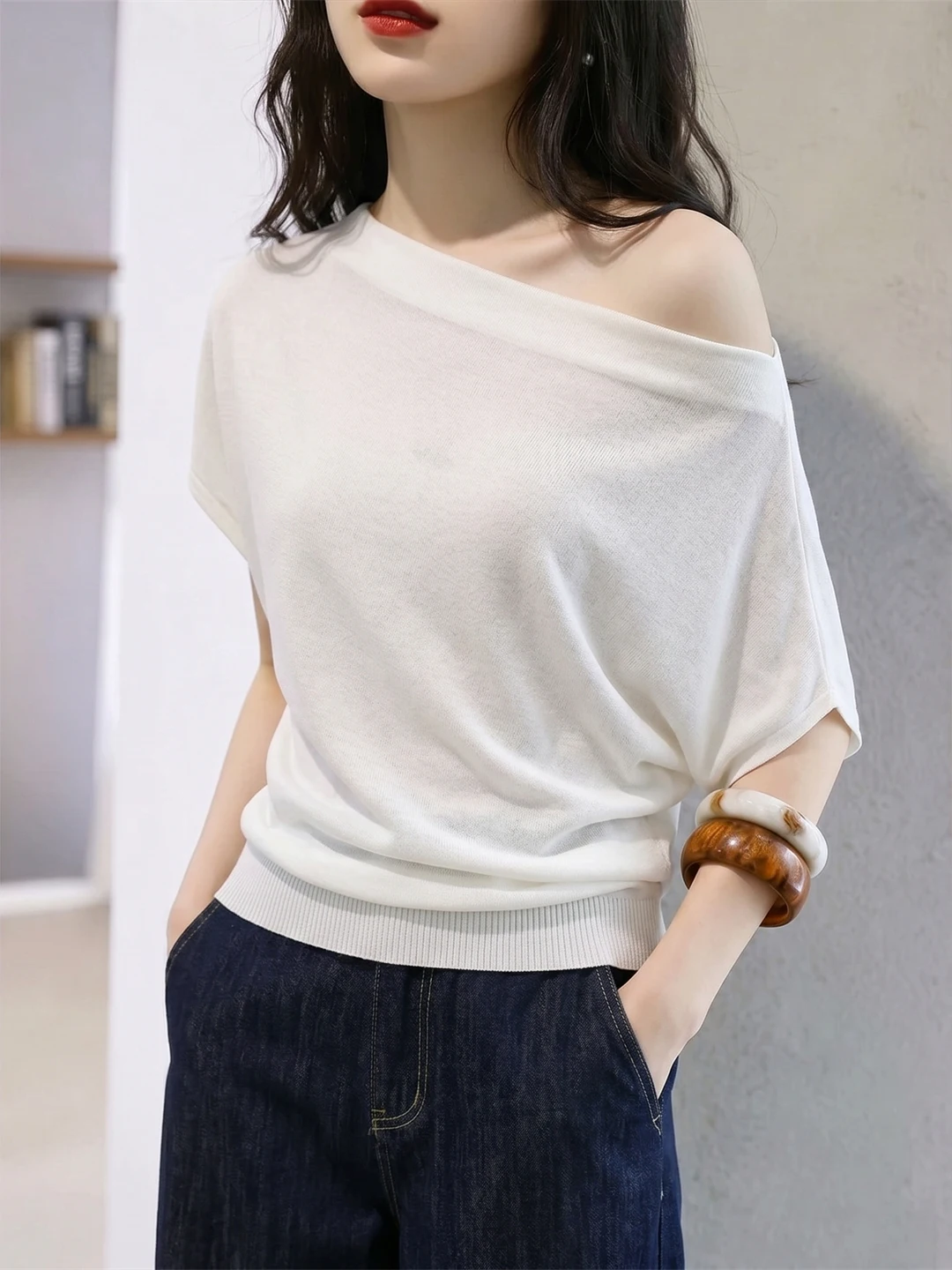 

Gentle Lady Style Shoulder Bared Ice Silk Knitted Top Casual All Match Summer Fashionable Crew Neck Short Sleeve Women's Shirt