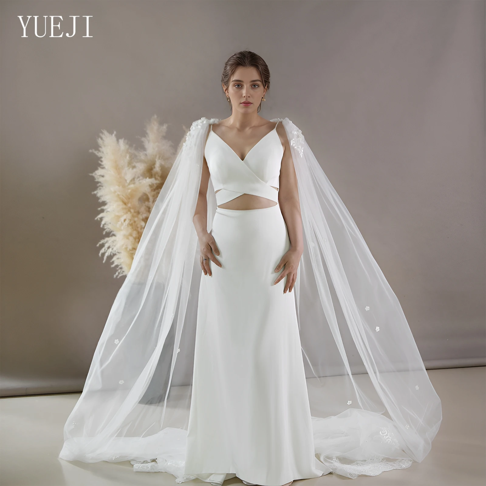 YUEJI Cathedral Wedding Lace Style Trailing Cape With V-Shaped Back, Hand-Sewn Floral Lace Appliques And Pearl Embellishment G71