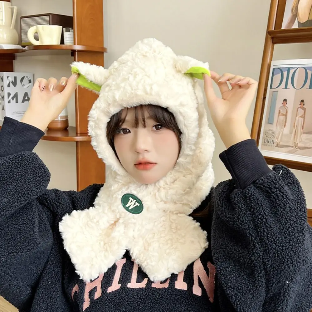 Solid Color Plush Lamb Hat Korean Style Cloth Accessories Cartoon Fleece Hat Muffler Fashion Design Plush Hat with Scarf Girls