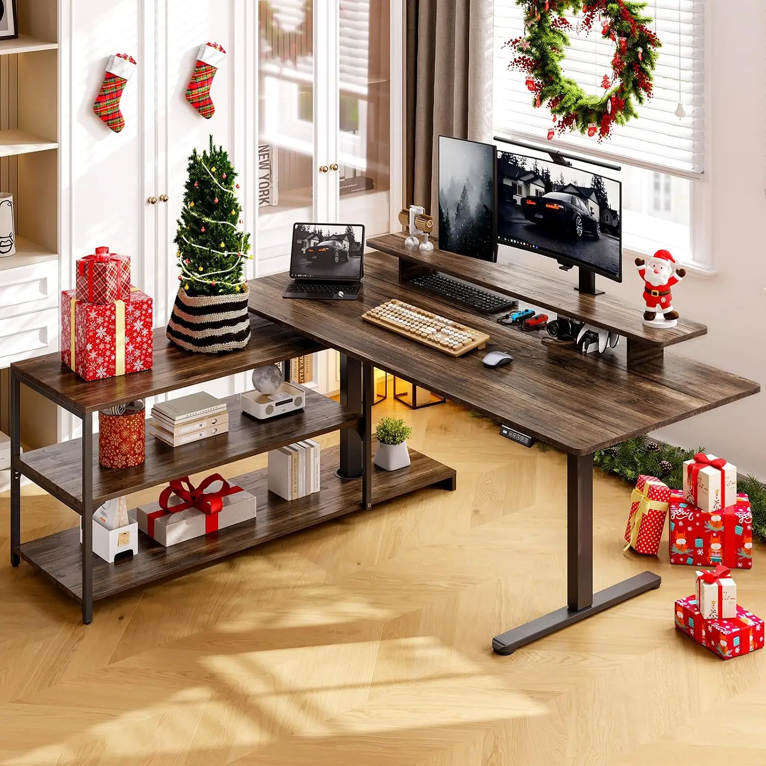 L Shaped Standing Desk With File Cabinet, 55x24'' Electric Adjustable Height 28-46'' Desk With Monitor Shelf, Customized