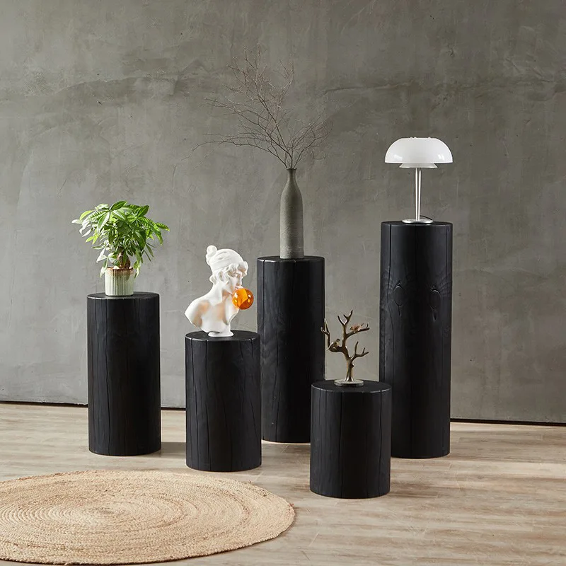 Wabi-sabi style carbonized black round wooden stump flower stand homestay tree stump vintage ornament new Chinese style natural