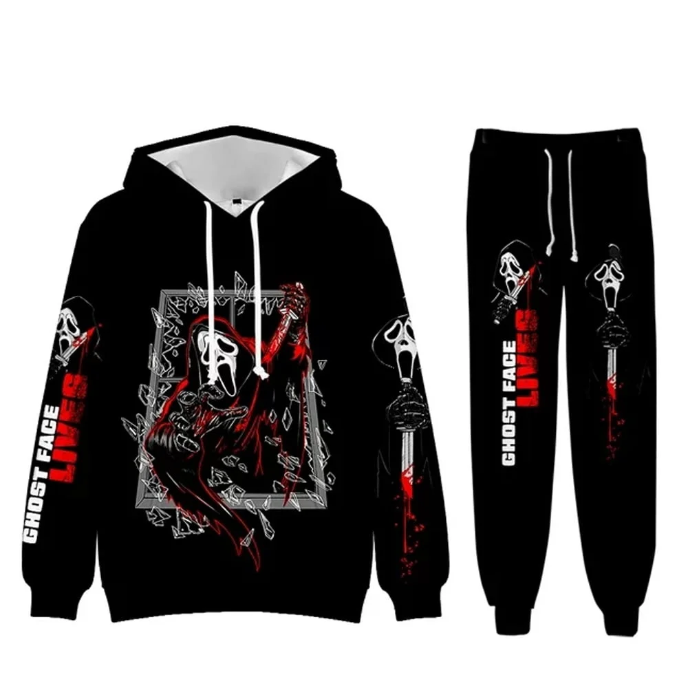 Scream Ghostface Hoodies Jogger Pants Two Piece Set Black Sweatshirts+Sweatpants Horror Movie Merch Sets Scream Ghostface Hoodie