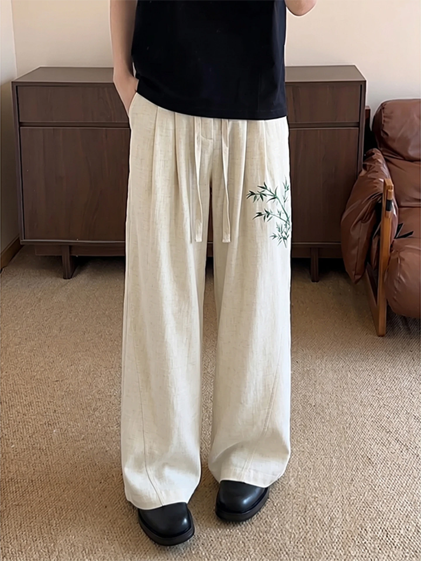 

Cool Feeling Ice Silk Bamboo Embroidery Pants Men's Summer Thin Straight Cut Trousers Casual Fashion Breathable Quick Dry
