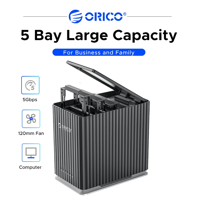 ORICO 5 Bay HDD Enclosure USB3.1 Type-C 5Gbps SATA3 Hard Drive Case Max 110TB Storage Silent Cooling Fan Tool Free PUSH Design 