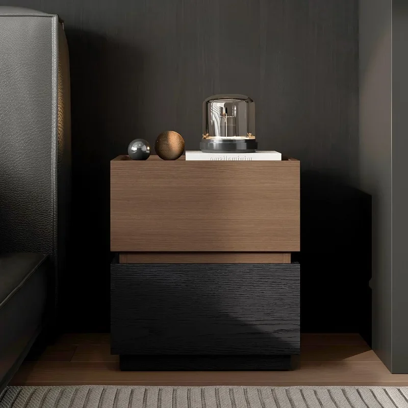 Modern Minimalist Nightstand - Wood Contrast Design, Double Storage Layer, Stylish Side Table for Bedroom Home Furniture Decor