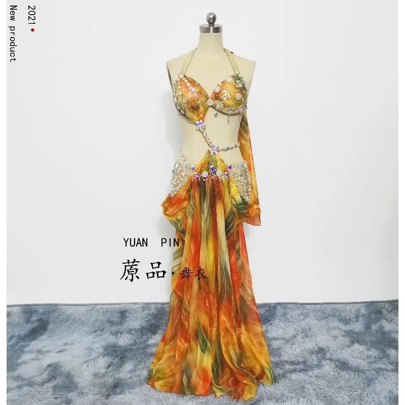 Customized Belly Dancewear Rhinestone Accessories Group Stage Suit Performance Costume Belly Dancing Bra Tassel Split Skirt Set