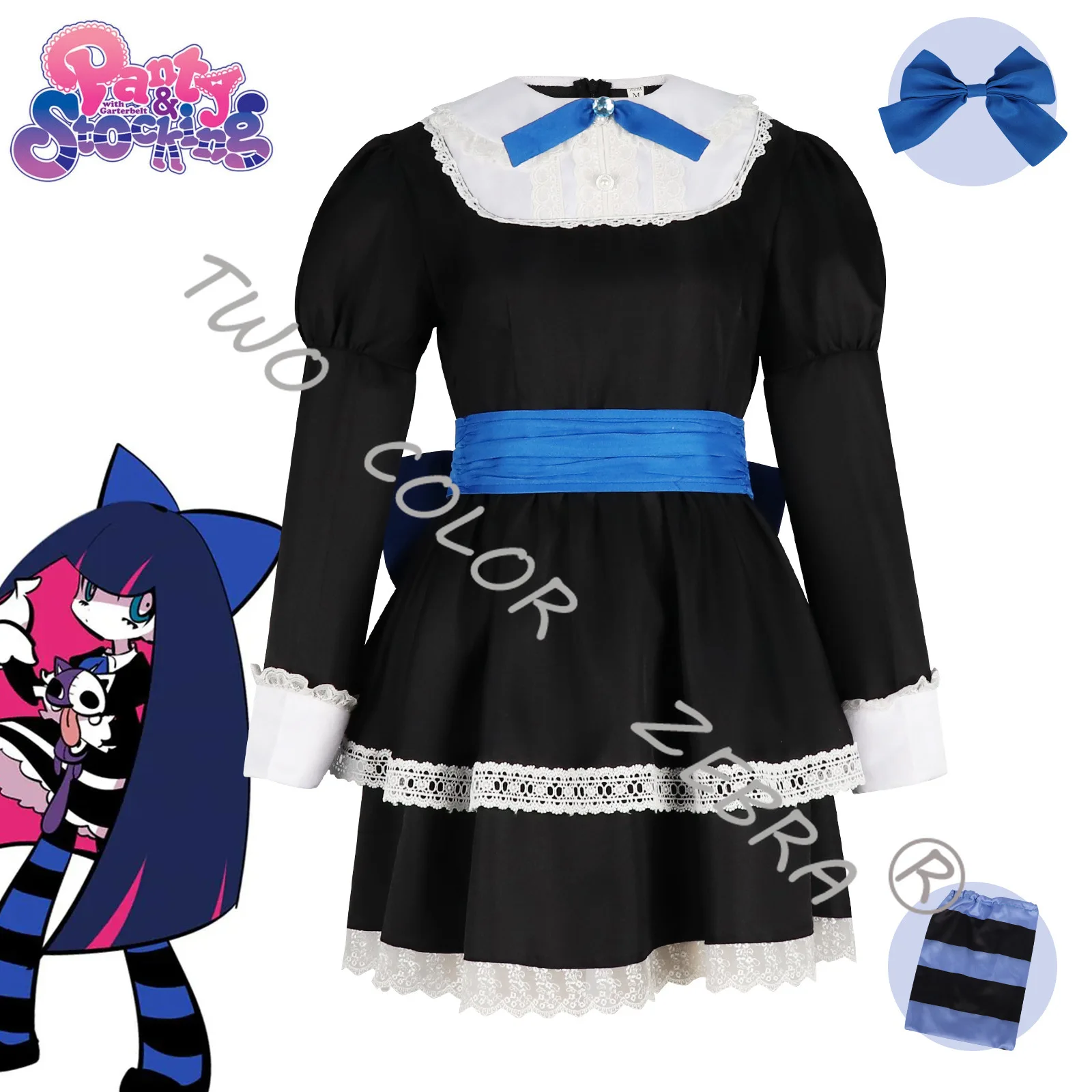 

Anime Panty & Stocking with Garterbelt Anarchy Cosplay Costume Blue Gothic Dress Maid Full Set Wig Halloween Roleplay Outfits