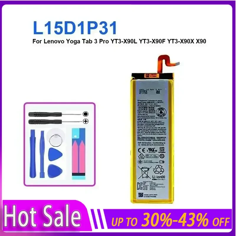 Tablet Battery 4000mAh For Lenovo Yoga Tab 3 Pro YT3-X90L YT3-X90F YT3-X90X X90 L15D1P31 long-lasting and replaceable battery