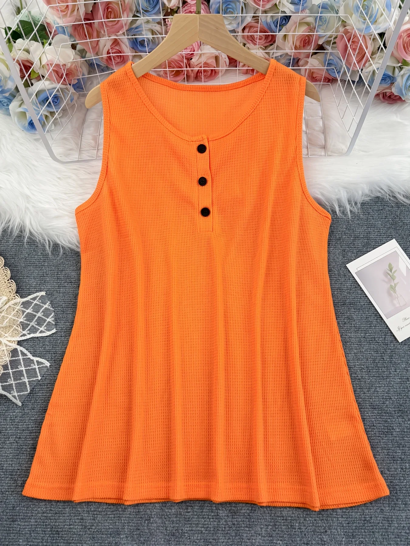 Plus Size Women Waffle Knit Tank Top, Henley Neck Button Sleeveless Vest, Casual Loose Summer Ladies Solid Color Cami Top