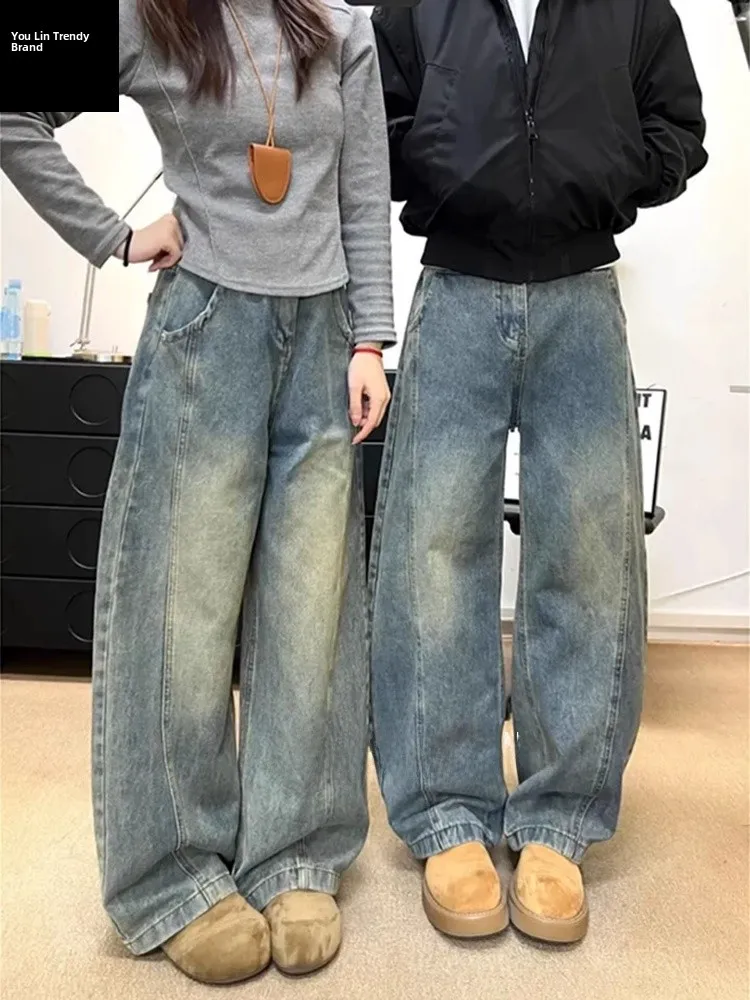 

Retro Blue American Sle Knife Men's Jeans Winter Thiened Fce Flared Pants Slanted Cut Straight Loose Workwear