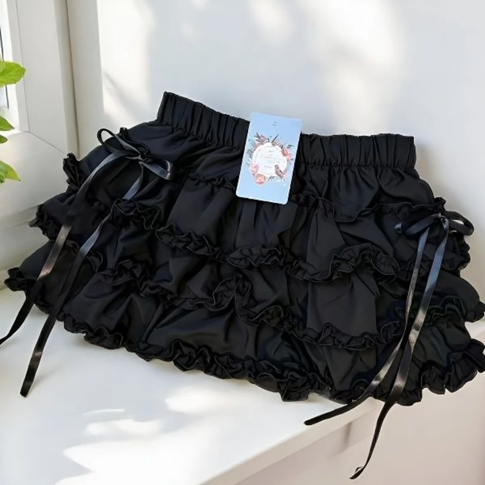 Women Mini Skirts Tiered Ruffles Lolita Built-in Shorts Kawaii Sukapan Skort Gothic Punk Coquette Y2K E-girl Black Lace Gown