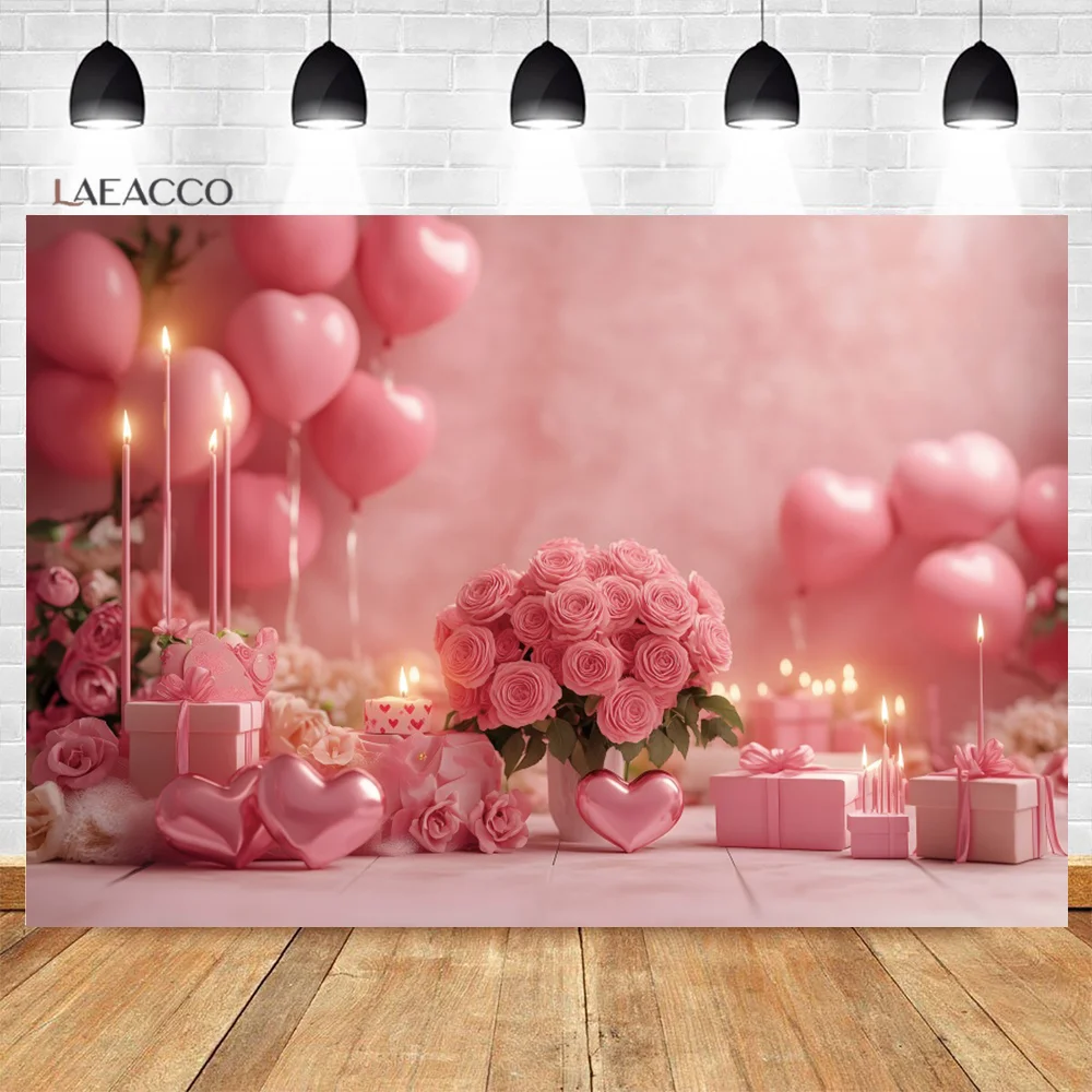 Laeacco Romantic Valentine's Day Candlelight Dinner Photo Backdrop Balloons Roses Exquisite Gift Candles Proposal Background