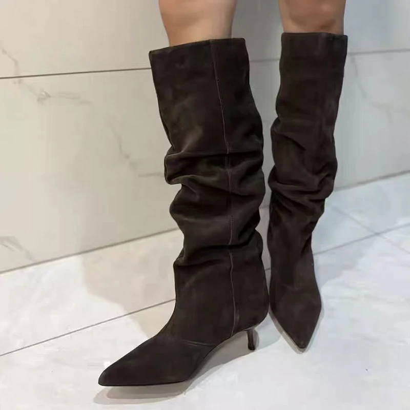 

Retro Frosted Knee-high Boots Autumn Winter Pointed-toe Pleated Low-heeled Boots Trendy European American Slim-fit Women's Boots