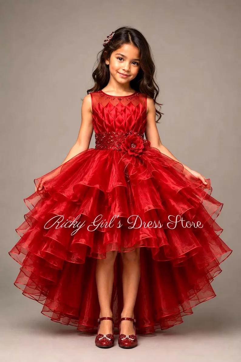 Luxurious High Low Red Flower Girl Dress For Birthday Party Gowns Layered Beaded Kids Princess Wedding Ceremonies Customized