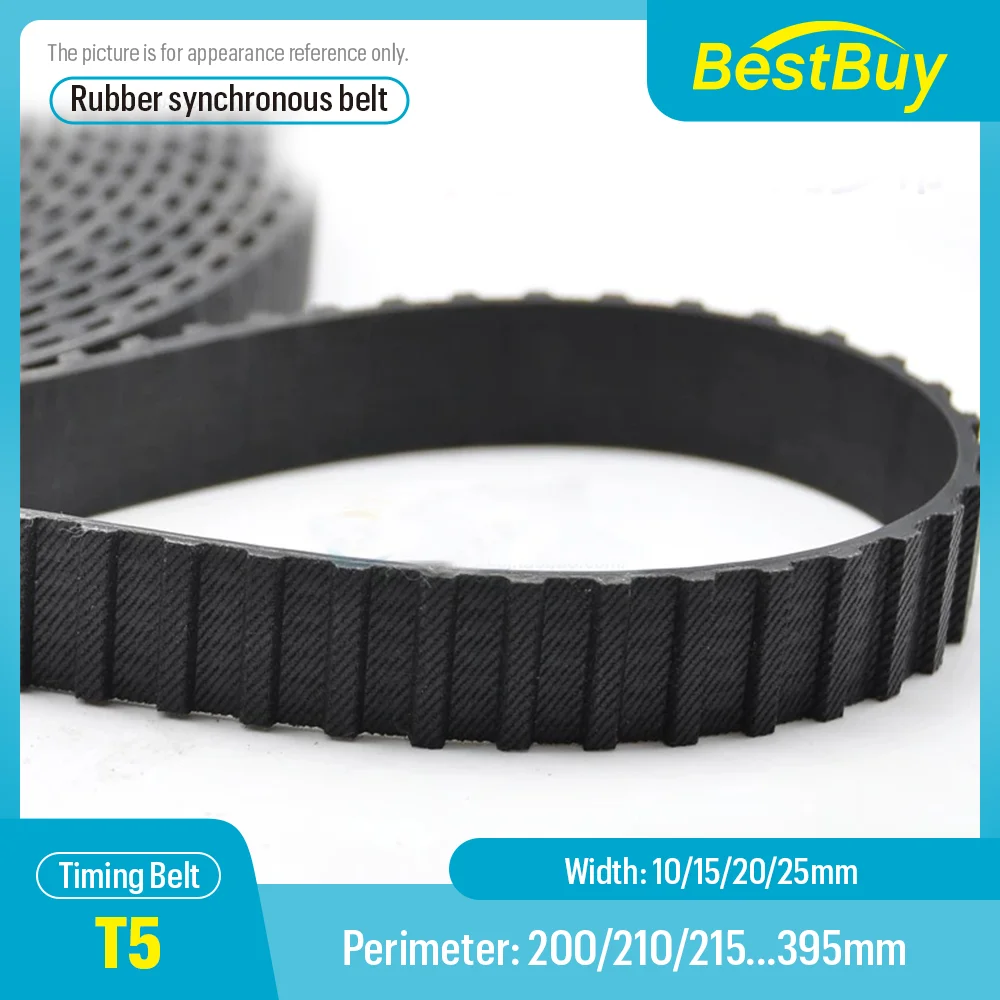 T5 Rubber Closed Loop Timing Belt Width 10/15/20/25mm Perimeter 200/210/215-395mm Pitch 5mm Trapezoidal Tooth Synchronous Belt