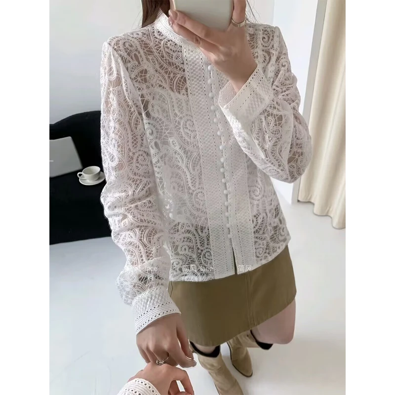 

Elegant Women's Long Sleeve Lace Embroidery Shirt Stand Collar Spring New Design Fashionable Versatile Breathable Comfortable