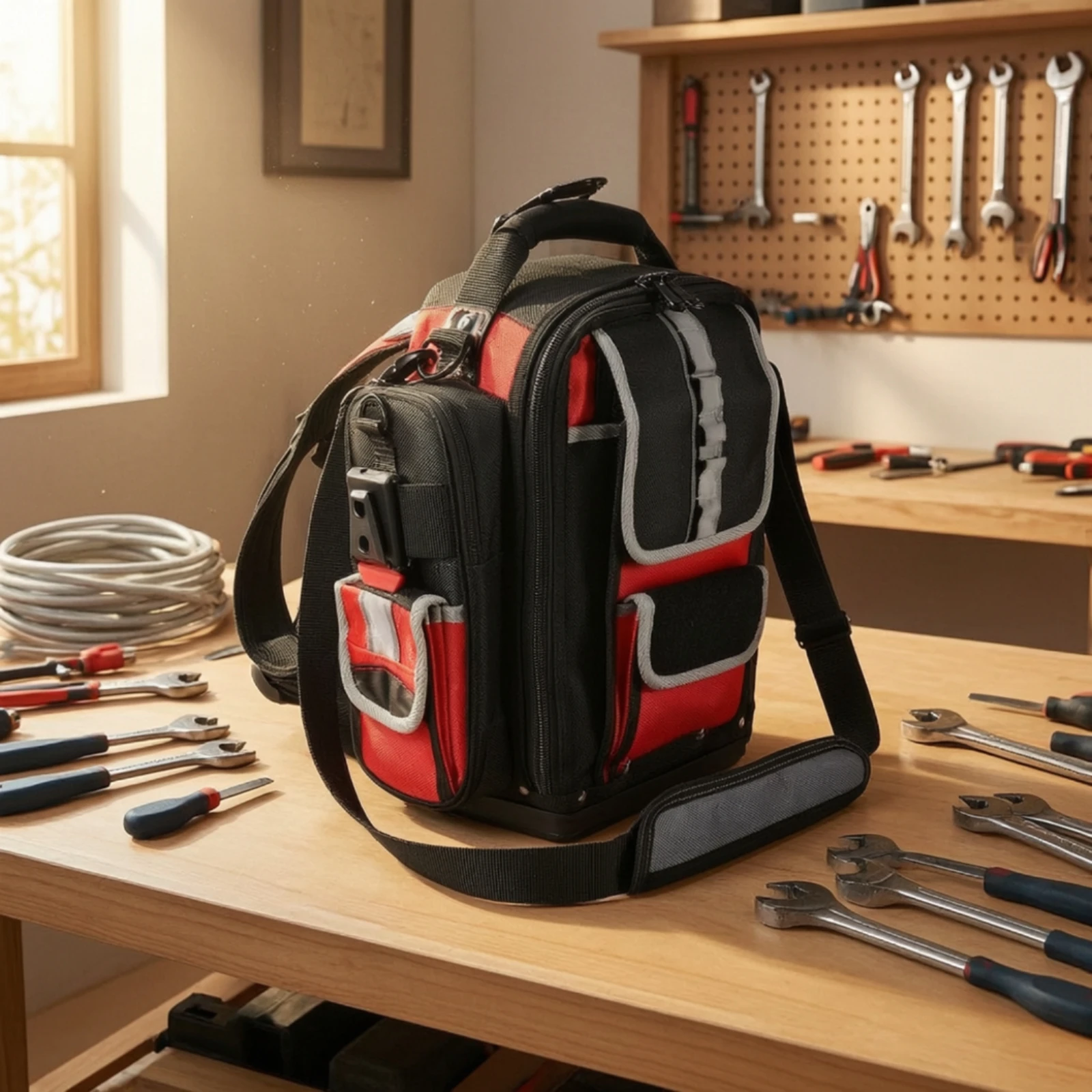 Tool Backpack Heavy-Duty Backpack with Tool Compartments Bag Multi-Pocket Wear-Resistant for Electricians, Job Sites