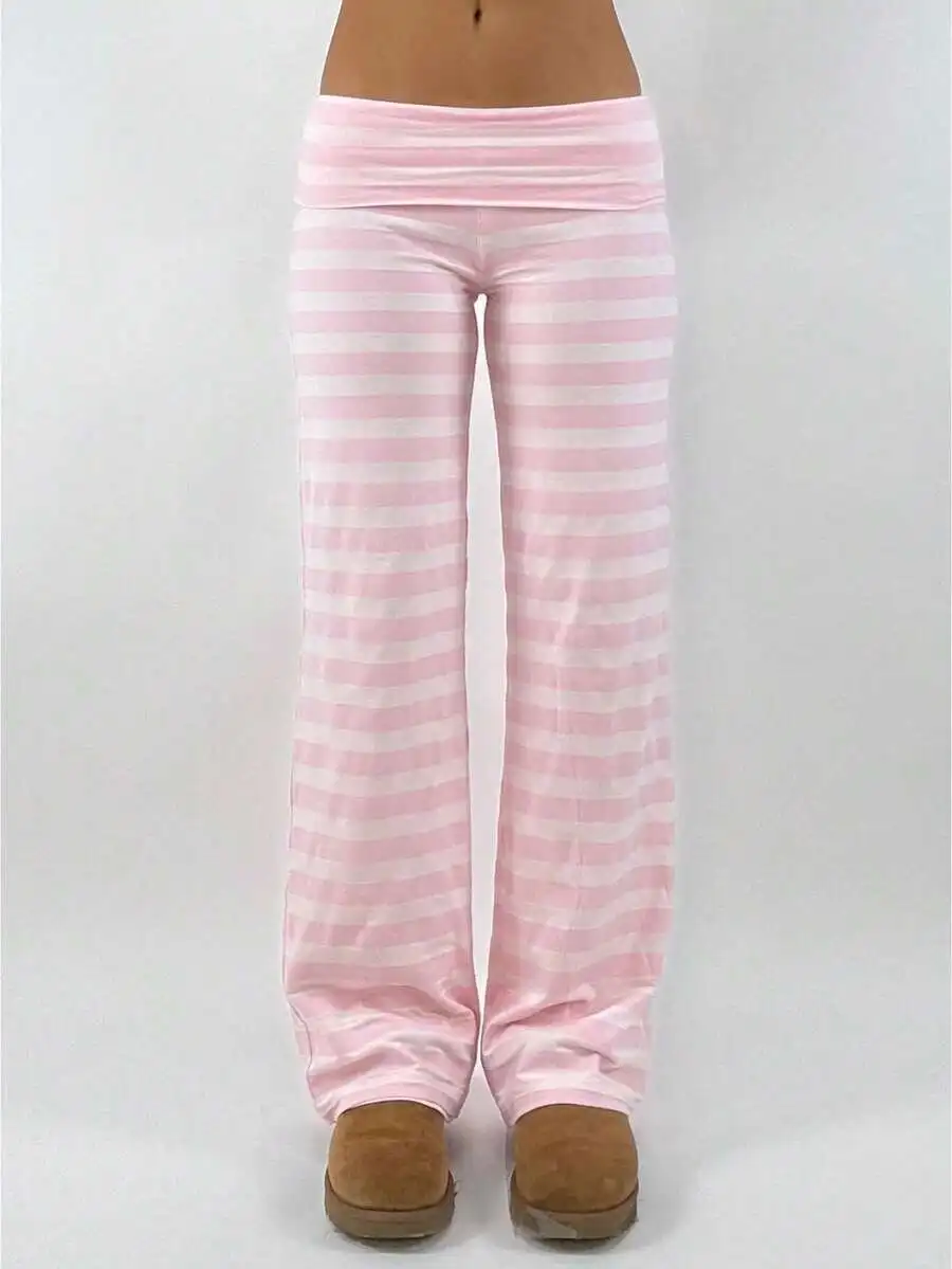 

Women Pink White Striped Fold Over Waist Wide Leg Lounge Pants