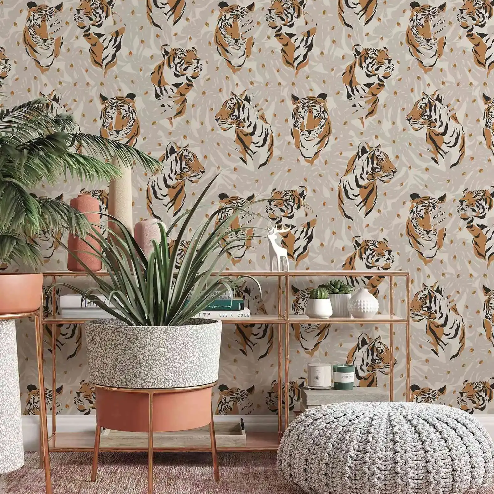 Tiger On The Biege Background Peel & Stick Wallpaper, Removable Self Adhesive Wall Paper For Home Decoration Room Decor,50*300cm