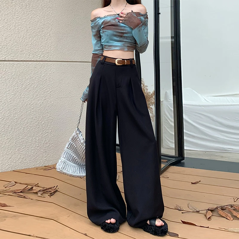 Fashion Loose High Waist Casual Solid Color Work Drape Mopping Trousers For Women