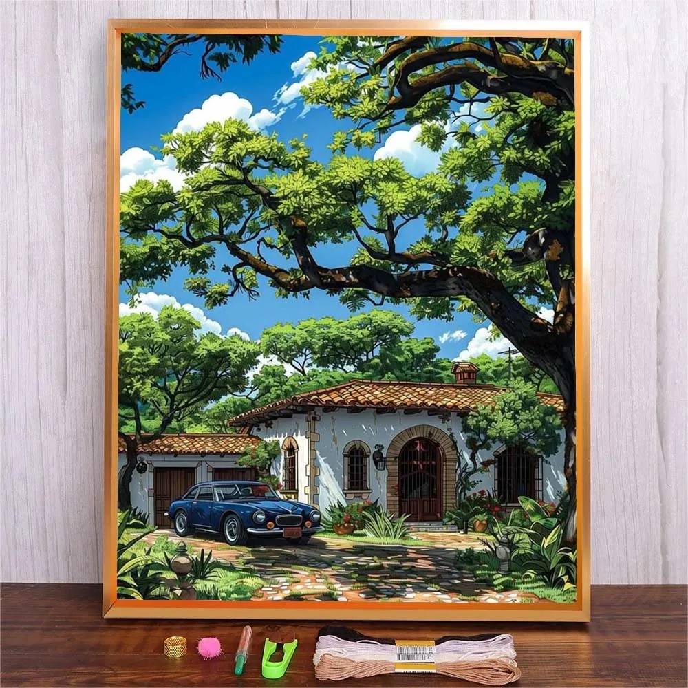 

DIY Needle Embroidery Kit With Cotton Thread Cartoon Scenery Pattern Starter Kits Cross Stitch Needlework Crafts For Living Room