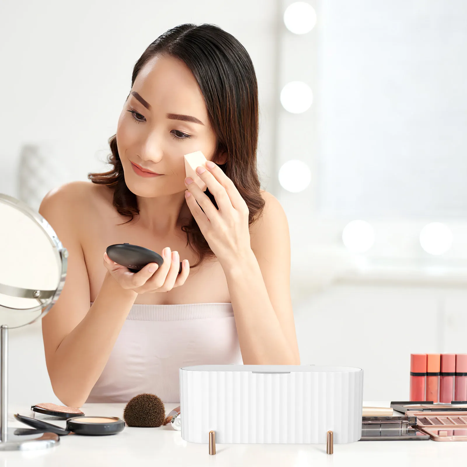 

2pcs Makeup Organizer Box 3-Grid Storage Case Dust Cover For Cotton Pads Beauty Eggs Dental Floss Desktop Home Supplies